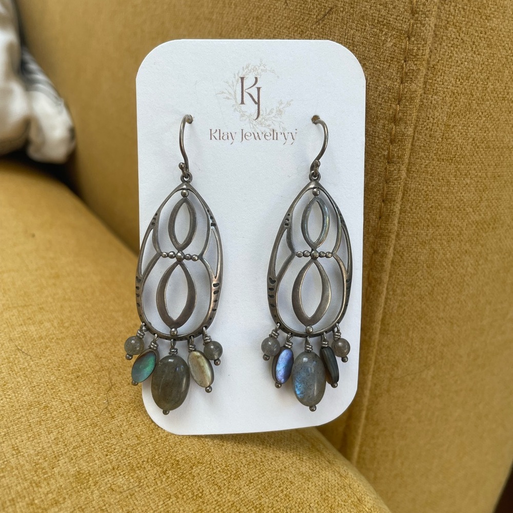 Silver Pattern Teardrop Earrings with irridescent beads
